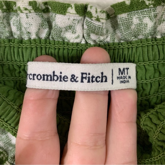 Abercrombie & Fitch Womens Green/ White Smocked tiered linen blend Midi Dress MT - Picture 7 of 10